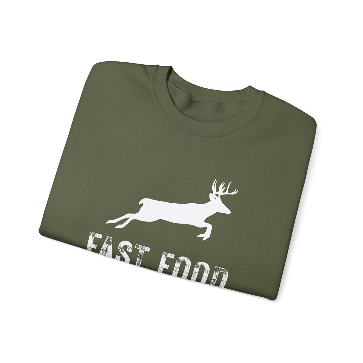 Fast Food Deer Hunting Humor Distressed – Gildan Heavy Blend | Trendy Men's and Women’s Soft Sweatshirt. Direct to Garment. Printed & Shipped in the USA. Unisex Sizes.