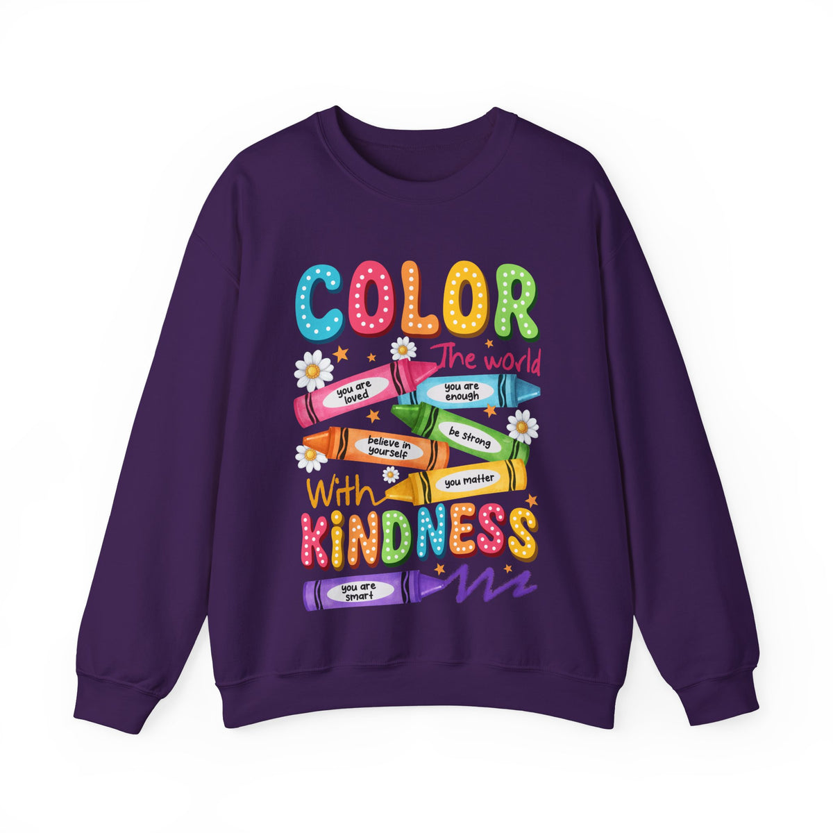 Color the World With Kindness Crayons, Great Teacher Gift – Gildan Heavy Blend | Trendy Women’s and Men's Soft Sweatshirt. Direct to Garment. Printed & Shipped in the USA. Unisex Sizes.