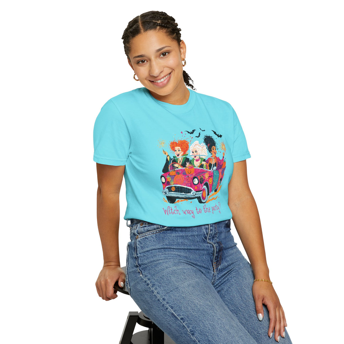 Witch Way to the Party? - Comfort Colors | Trendy Women's T-Shirt. Direct to Garment. Printed & Shipped in the USA. Unisex Sizes.