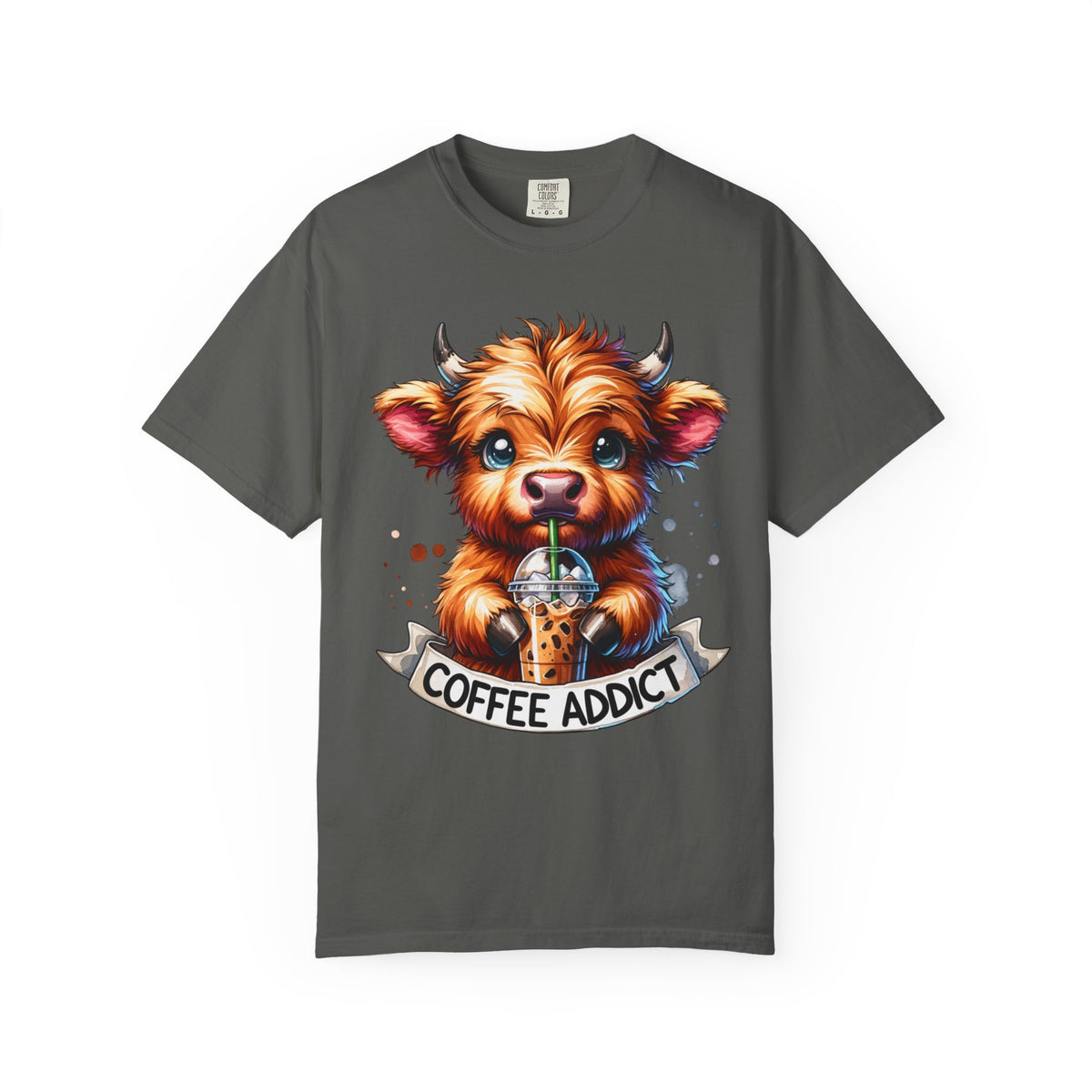 Coffee Addict Highland Cow Drinking Iced Coffee - Comfort Colors | Trendy Women's T-Shirt. Direct to Garment. Printed & Shipped in the USA. Unisex Sizes.