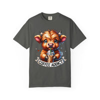 Coffee Addict Highland Cow Drinking Iced Coffee - Comfort Colors | Trendy Women's T-Shirt. Direct to Garment. Printed & Shipped in the USA. Unisex Sizes.