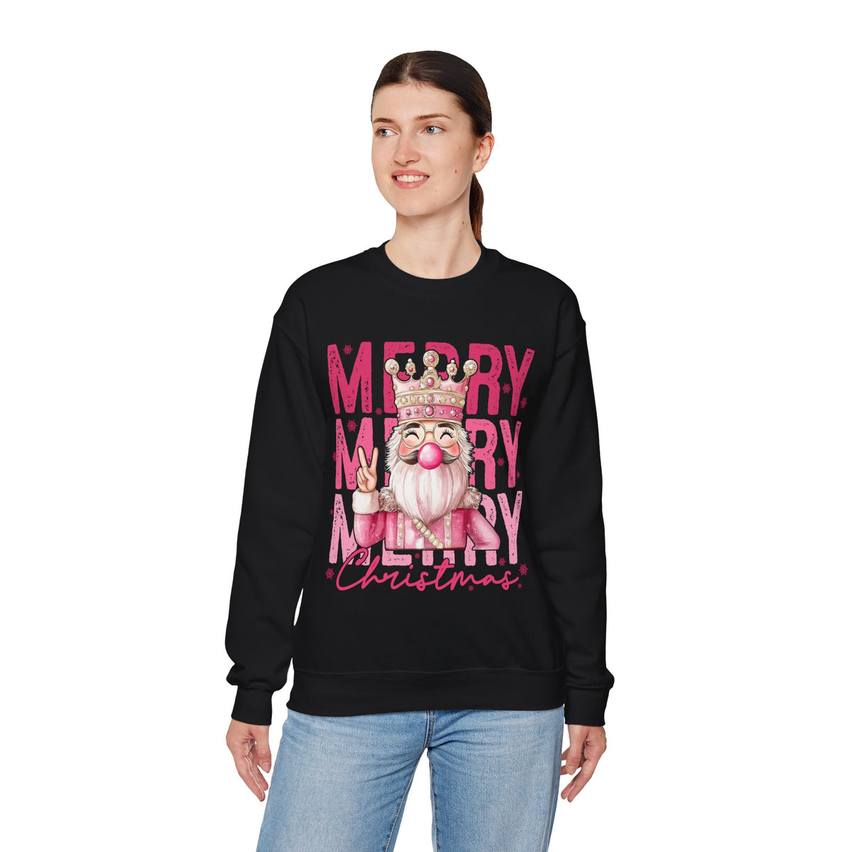 Merry Christmas - Cute Pink Bubblegum Nutcracker – Gildan Heavy Blend | Trendy Women’s Soft Sweatshirt. Direct to Garment. Printed & Shipped in the USA. Unisex Sizes.