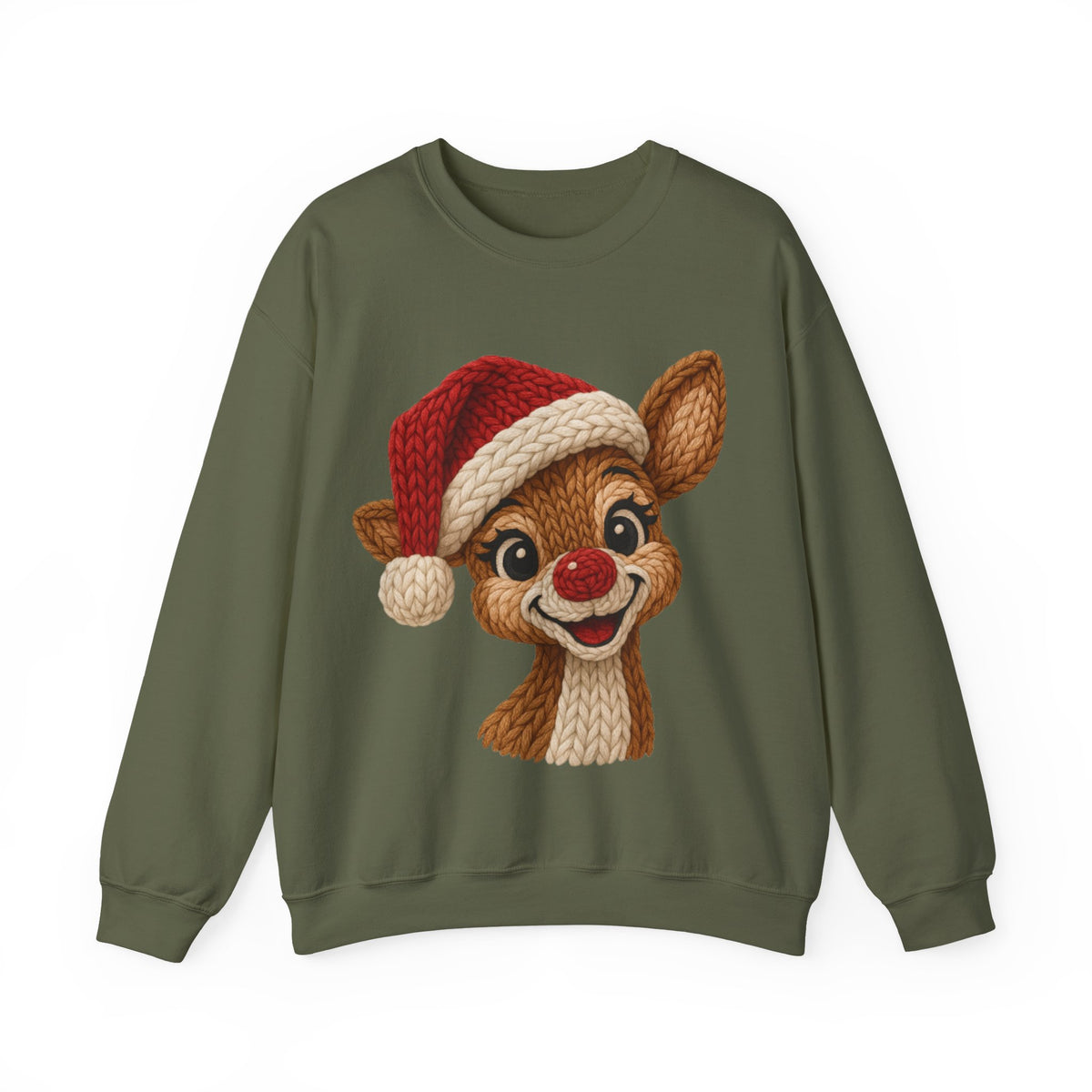 Cute Rudolph Faux Knit Look Reindeer w/Santa Hat – Gildan Heavy Blend | Trendy Women’s Soft Sweatshirt. Direct to Garment. Printed & Shipped in the USA. Unisex Sizes.