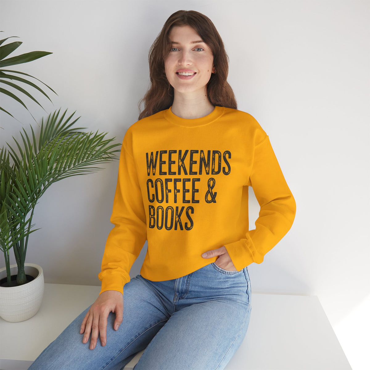 Weekends, Coffee & Books – Gildan Heavy Blend | Trendy Women’s and Men's Soft Sweatshirt. Direct to Garment. Printed & Shipped in the USA. Unisex Sizes.