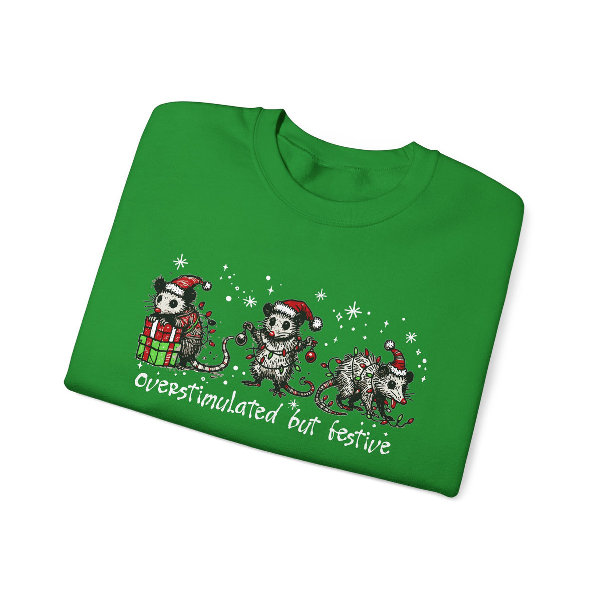 Overstimulated But Festive Christmas Possums – Gildan Heavy Blend | Trendy Women’s and Men's Soft Sweatshirt. Direct to Garment. Printed & Shipped in the USA. Unisex Sizes.