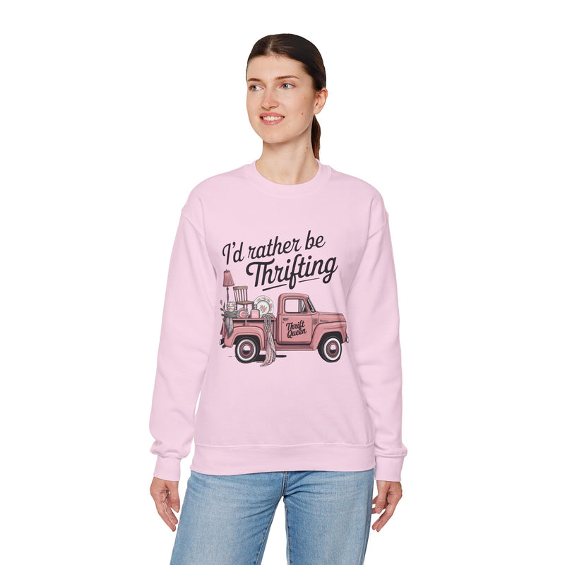 I'd Rather Be Thrifting. Pink Vintage Truck – Gildan Heavy Blend | Trendy Women’s Soft Sweatshirt. Direct to Garment. Printed & Shipped in the USA. Unisex Sizes.