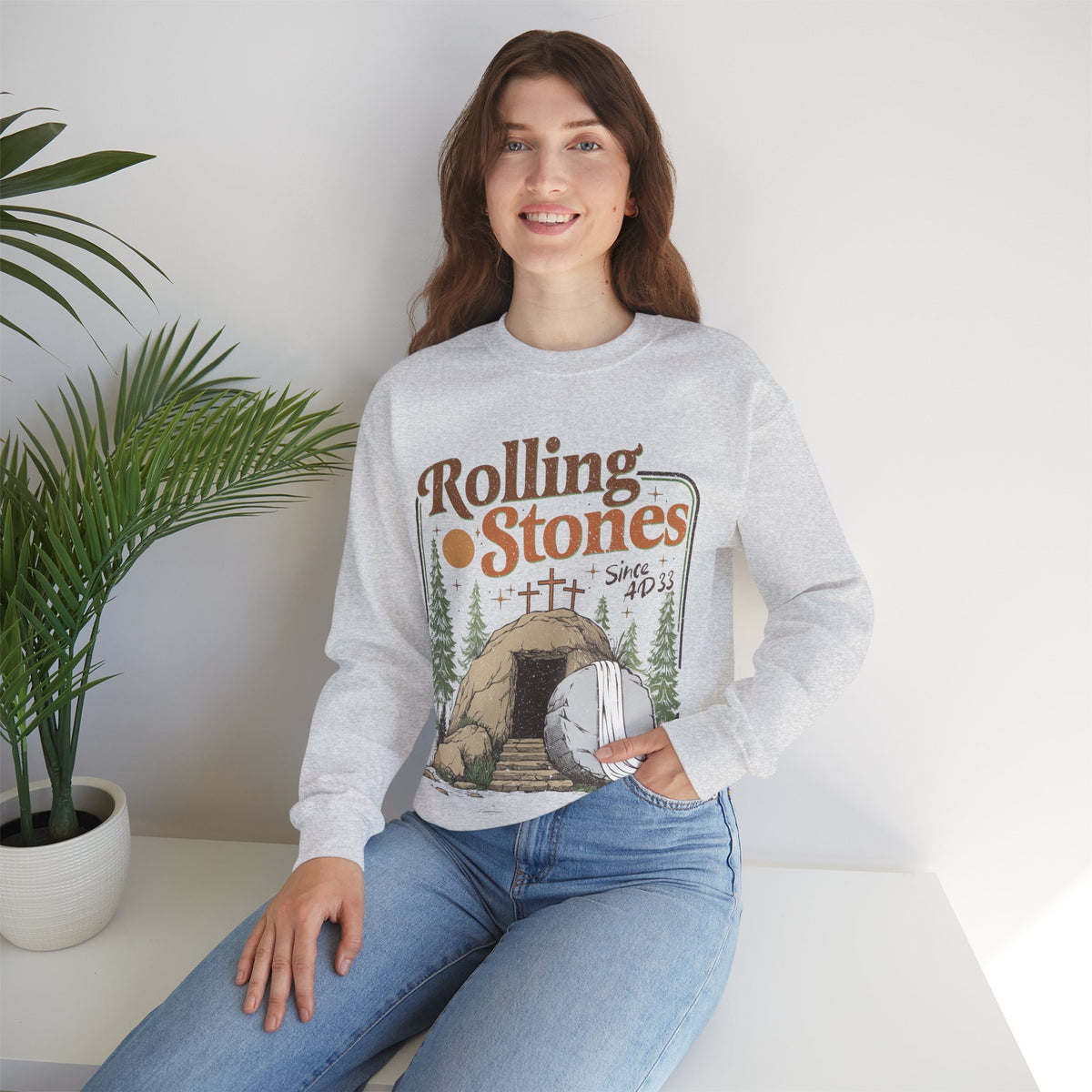 Rolling Stones "Since AD33" Easter Empty Tomb Christian – Gildan Heavy Blend | Trendy Men's and Women’s Soft Sweatshirt. Direct to Garment. Printed & Shipped in the USA. Unisex Sizes.