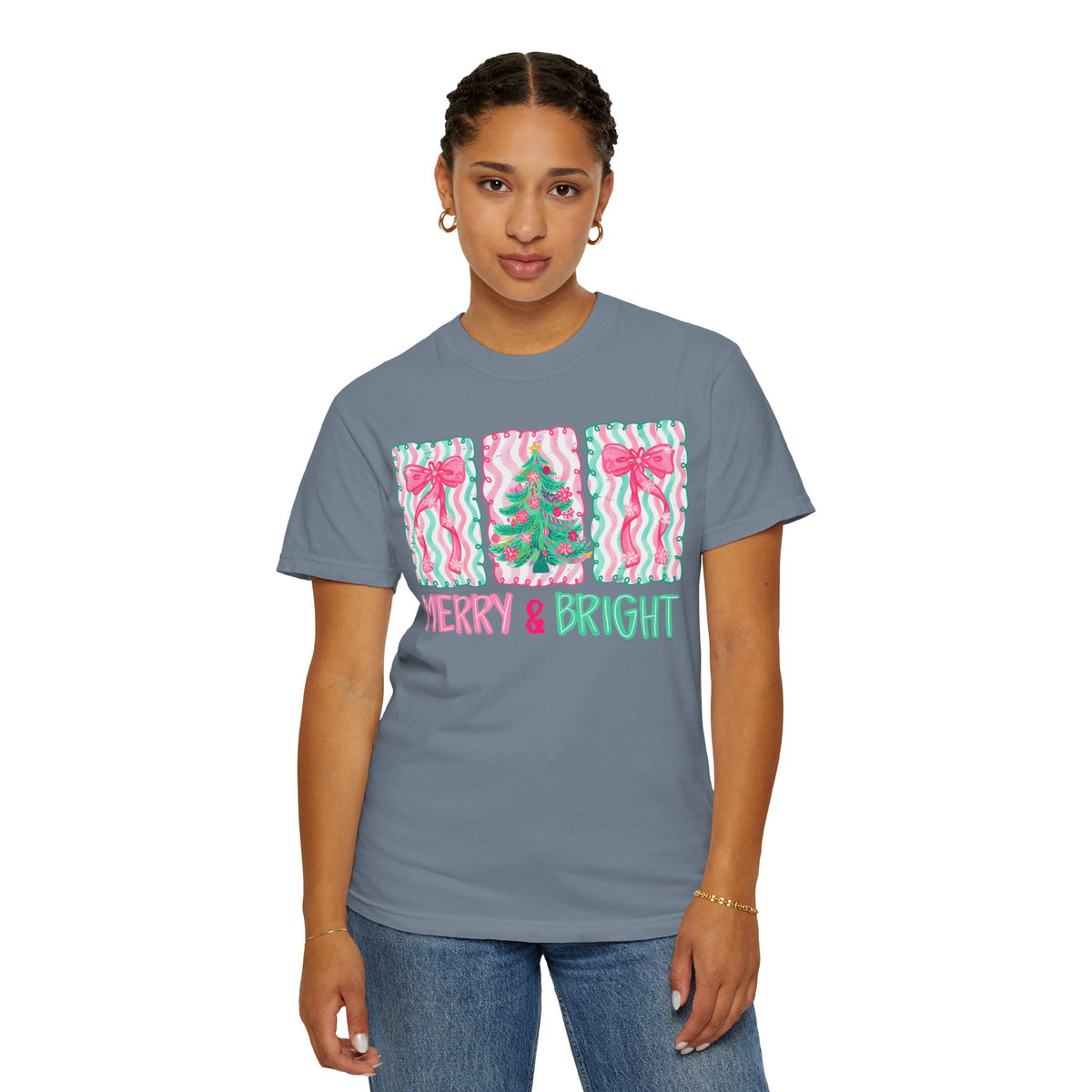 Merry & Bright Christmas — Pink & Green Holiday Tree Design - Comfort Colors | Trendy Women's T-Shirt. Direct to Garment. Printed & Shipped in the USA. Unisex Sizes.