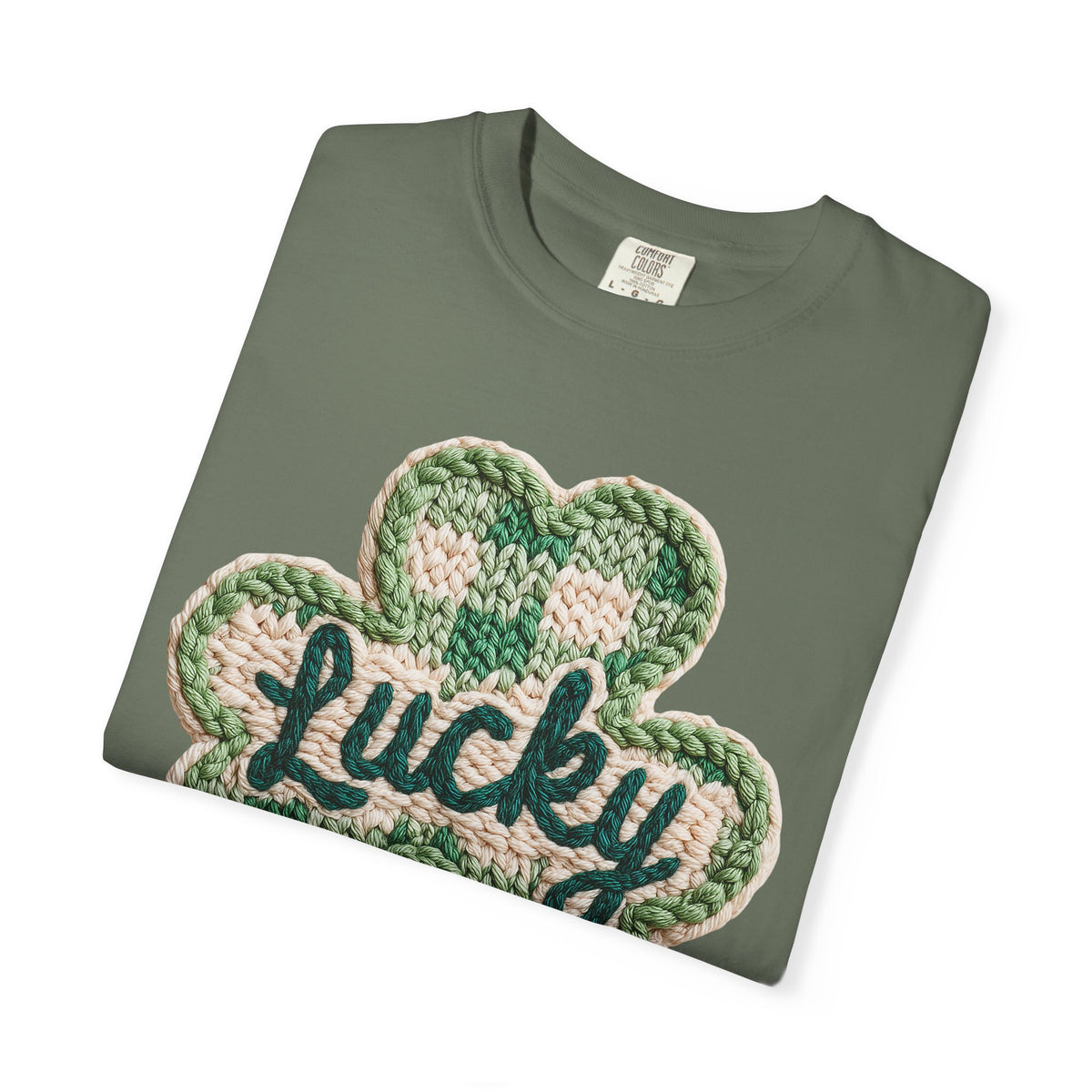 Lucky Shamrock Faux Knit - Comfort Colors | Trendy Men's and Women's T-Shirt. Direct to Garment. Printed & Shipped in the USA. Unisex Sizes.