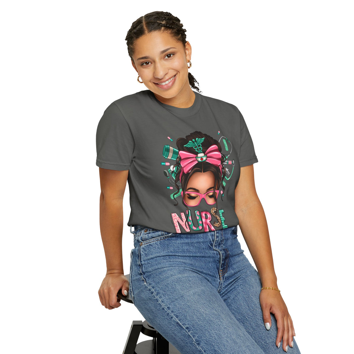 Nurse Life Messy Bun, Cute Stethoscope & Syringe - Comfort Colors | Trendy Women's T-Shirt. Direct to Garment. Printed & Shipped in the USA. Unisex Sizes.
