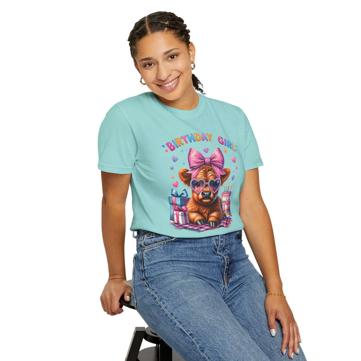 Birthday Girl, Highland Cow - Comfort Colors | Trendy Women's T-Shirt. Direct to Garment. Printed & Shipped in the USA. Unisex Sizes.