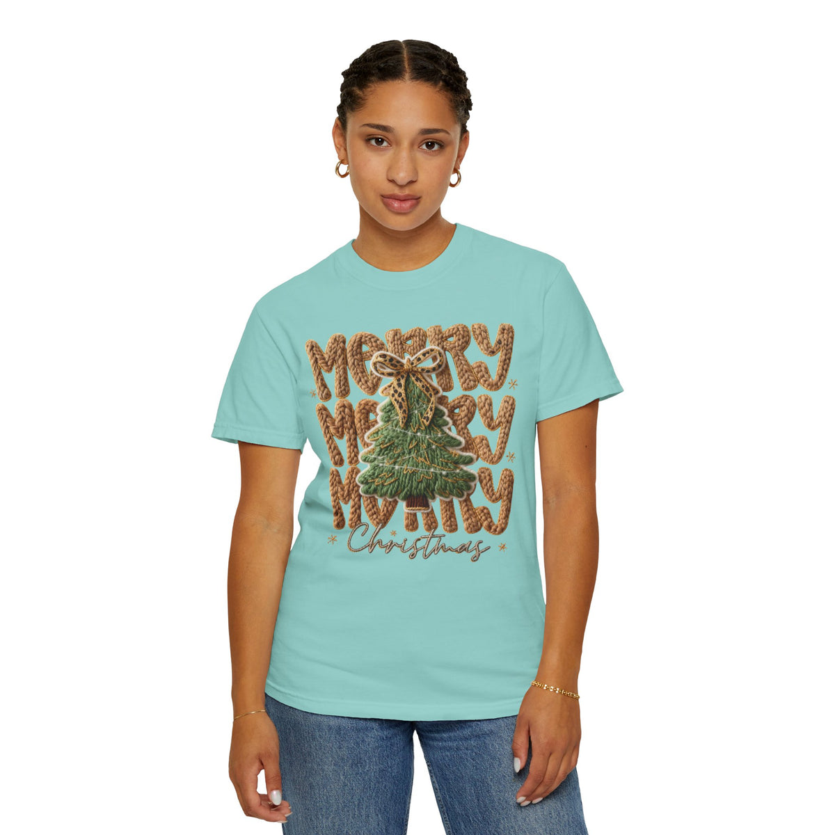 Merry Merry Merry Christmas, Faux Latch Hook Yarn - Comfort Colors | Trendy Women's T-Shirt. Direct to Garment. Printed & Shipped in the USA. Unisex Sizes.
