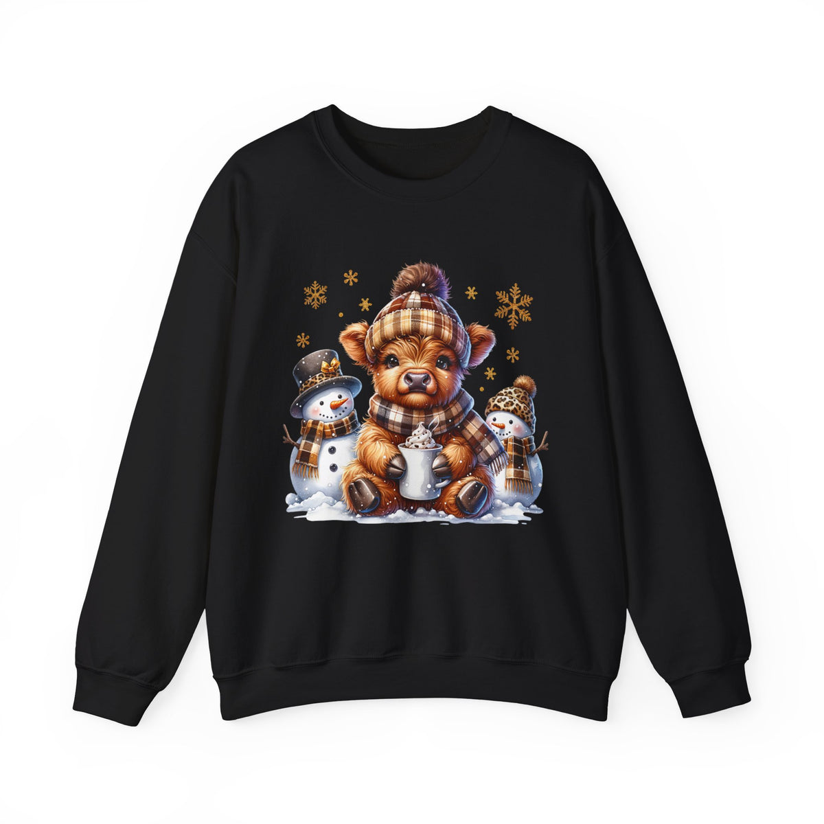 Cute Highland Cow with Snowmen, Winter – Gildan Heavy Blend | Trendy Women’s Soft Sweatshirt. Direct to Garment. Printed & Shipped in the USA. Unisex Sizes.
