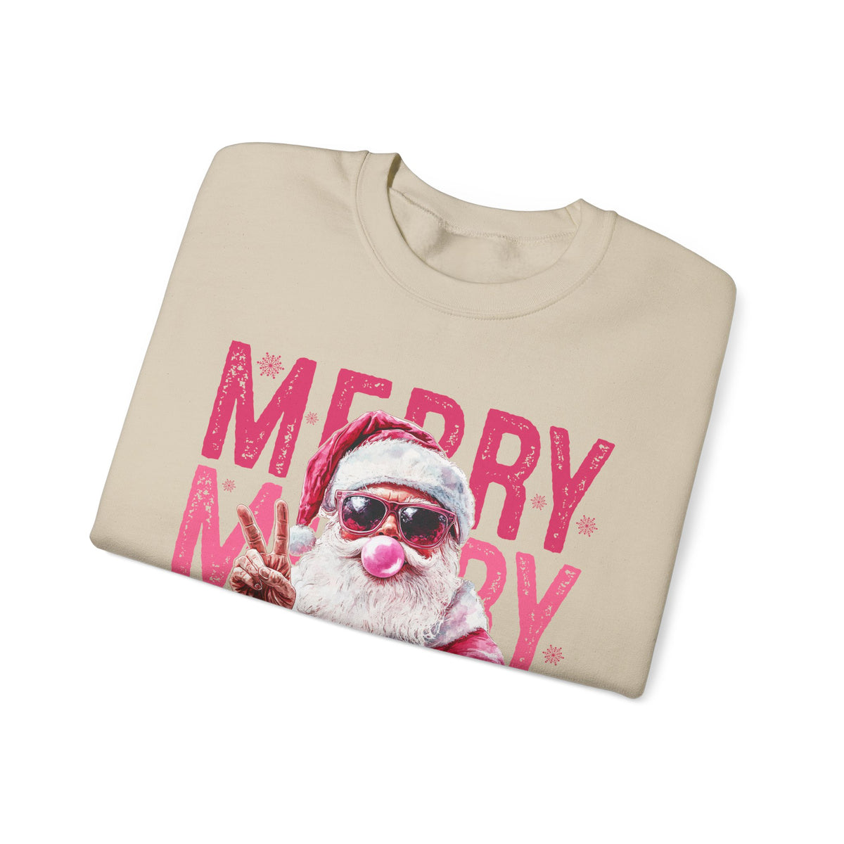 Pink Merry Christmas Bubblegum Santa – Gildan Heavy Blend | Trendy Women’s Soft Sweatshirt. Direct to Garment. Printed & Shipped in the USA. Unisex Sizes.