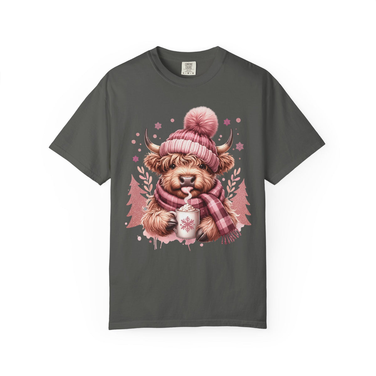 Cozy Highland Cow, Winter Coffee Mug & Scarf - Comfort Colors | Trendy Women's T-Shirt. Direct to Garment. Printed & Shipped in the USA. Unisex Sizes.