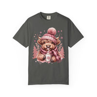 Cozy Highland Cow, Winter Coffee Mug & Scarf - Comfort Colors | Trendy Women's T-Shirt. Direct to Garment. Printed & Shipped in the USA. Unisex Sizes.