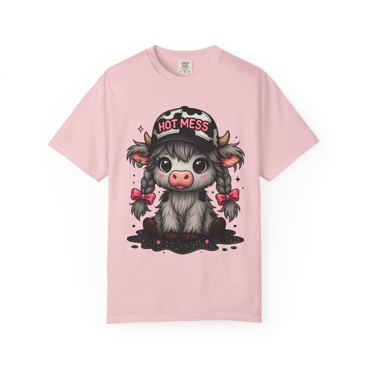 Cute Highland Cow 'Hot Mess' In Braids  - Comfort Colors | Trendy Women's T-Shirt. Direct to Garment. Printed & Shipped in the USA. Unisex Sizes.