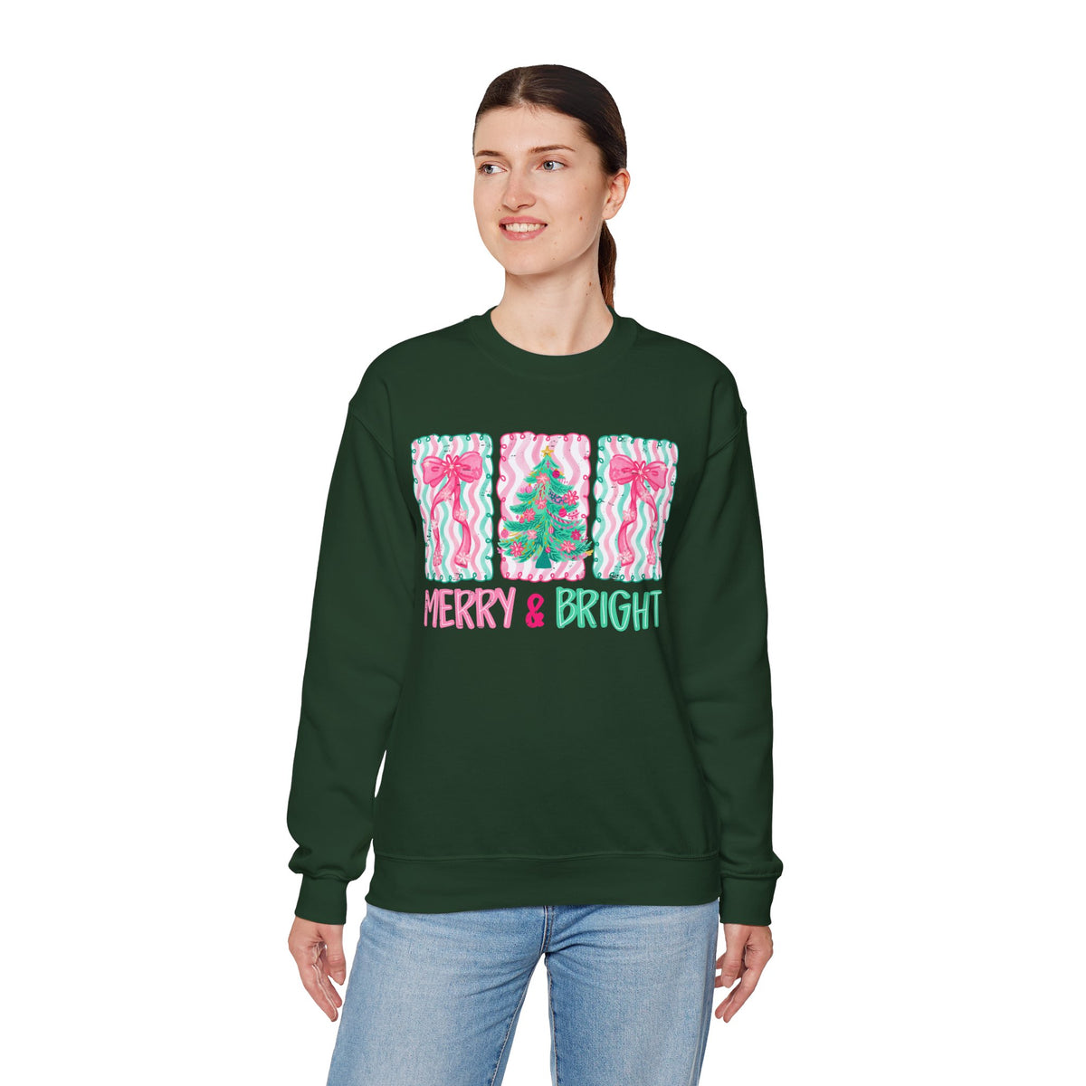 Merry & Bright Christmas - Pink & Green Holiday Tree Design – Gildan Heavy Blend | Trendy Women’s Soft Sweatshirt. Direct to Garment. Printed & Shipped in the USA. Unisex Sizes.