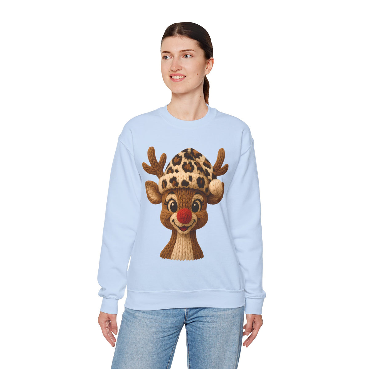 Rudolph Reindeer Leopard Santa Hat Christmas – Gildan Heavy Blend | Trendy Women’s Soft Sweatshirt. Direct to Garment. Printed & Shipped in the USA. Unisex Sizes.
