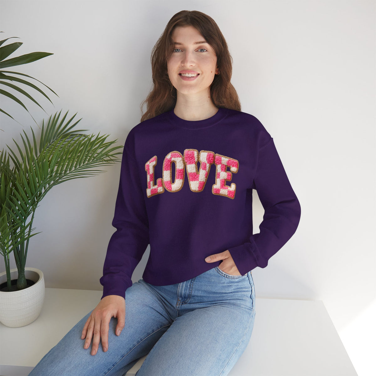 Faux Crochet Checkered LOVE – Gildan Heavy Blend | Trendy Women’s Soft Sweatshirt. Direct to Garment. Printed & Shipped in the USA. Unisex Sizes.