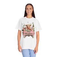 Highland Cow in Pink Truck Merry Christmas Holiday Farmhouse - Comfort Colors | Trendy Women's T-Shirt. Direct to Garment. Printed & Shipped in the USA. Unisex Sizes.