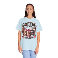 Coffee Is My Soul Food, Iced Coffee, Pink Bow - Comfort Colors | Trendy Women's T-Shirt. Direct to Garment. Printed & Shipped in the USA. Unisex Sizes.