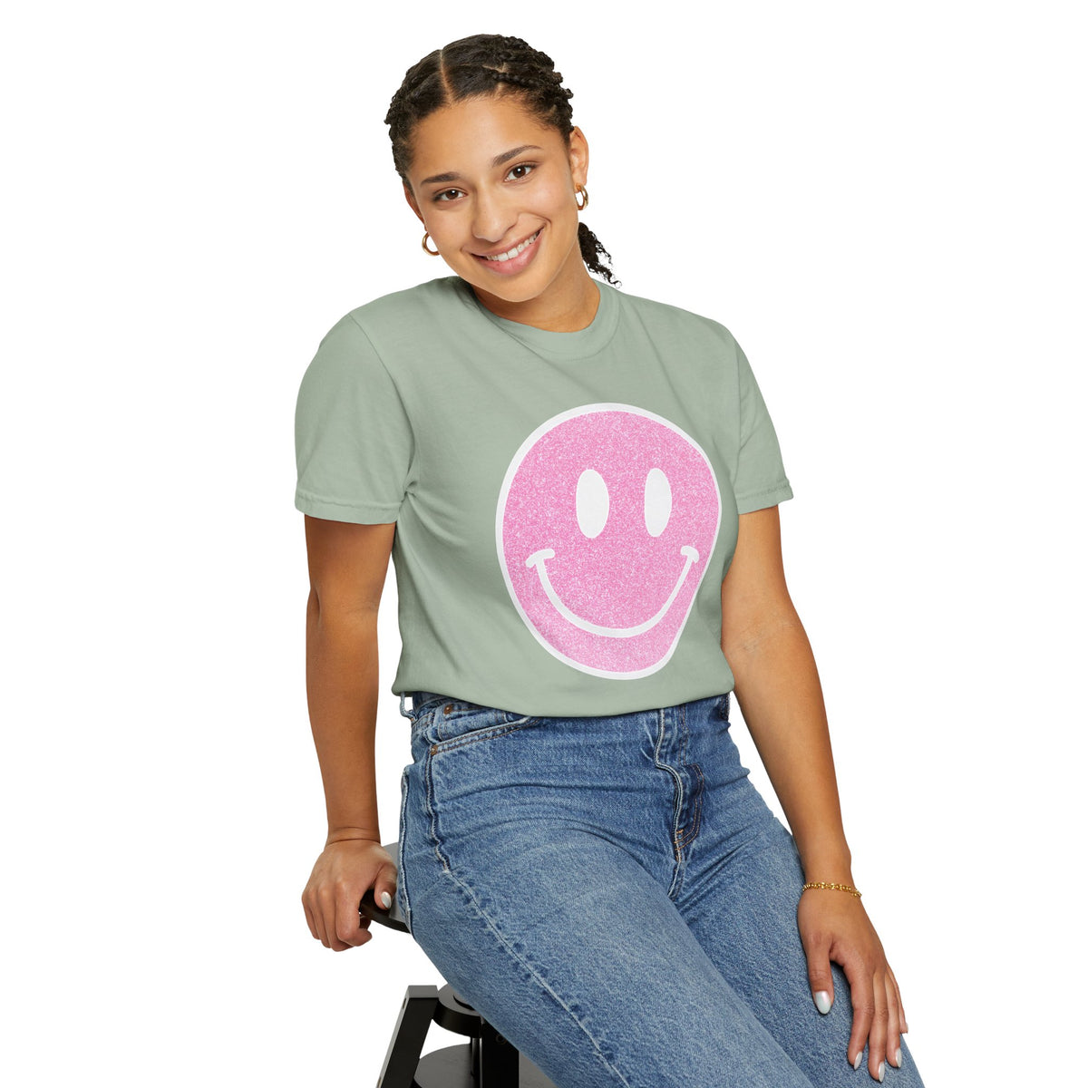 Faux Glitter Smiley - Comfort Colors | Trendy Women's T-Shirt. Direct to Garment. Printed & Shipped in the USA. Unisex Sizes.