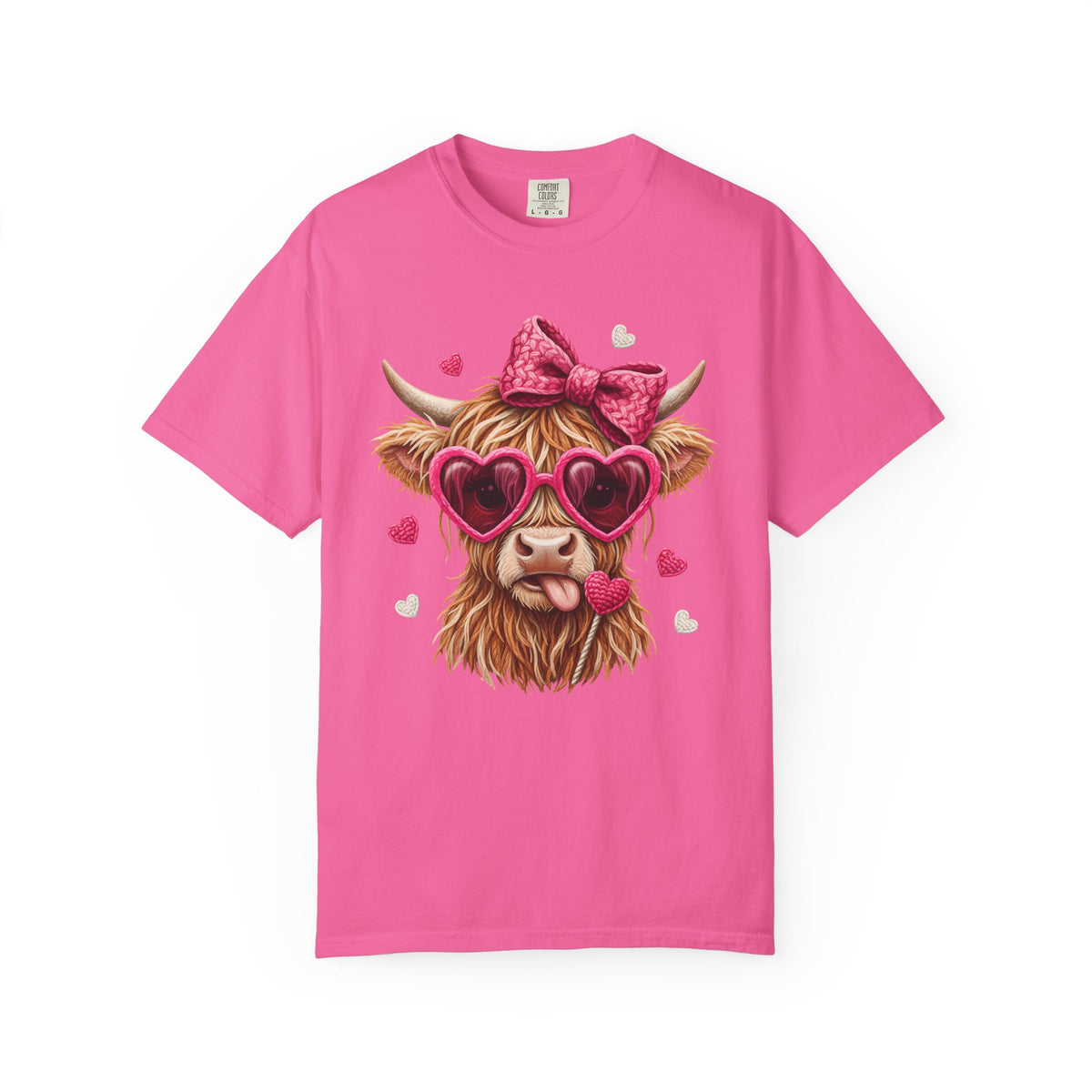 Highland Cow - Pink Heart Shaped Glasses - Comfort Colors | Trendy Women's T-Shirt. Direct to Garment. Printed & Shipped in the USA. Unisex Sizes.