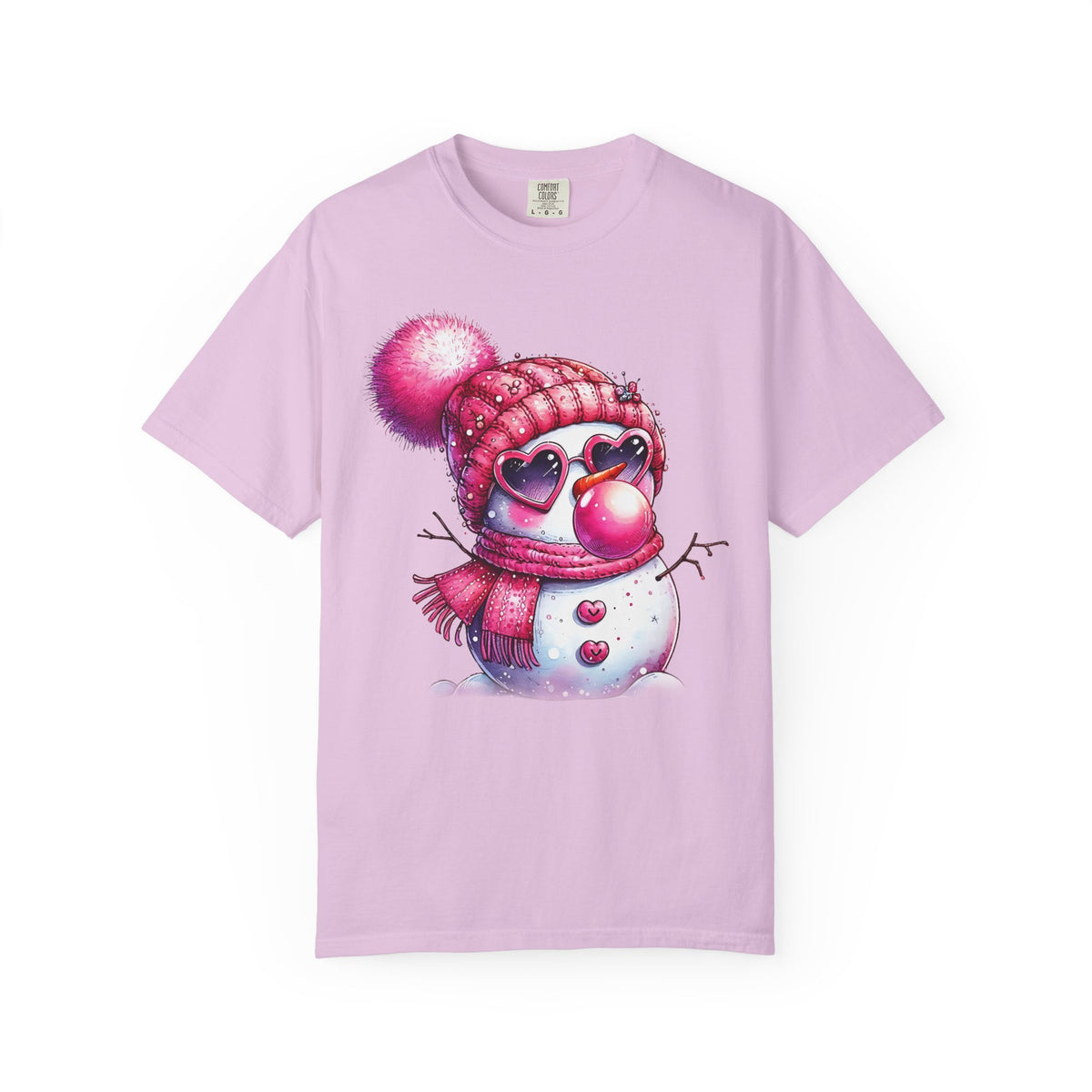 Pink Girly Snowman with Heart Sunglasses and Bubblegum Winter - Comfort Colors | Trendy Women's T-Shirt. Direct to Garment. Printed & Shipped in the USA. Unisex Sizes.