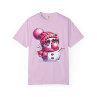 Pink Girly Snowman with Heart Sunglasses and Bubblegum Winter - Comfort Colors | Trendy Women's T-Shirt. Direct to Garment. Printed & Shipped in the USA. Unisex Sizes.