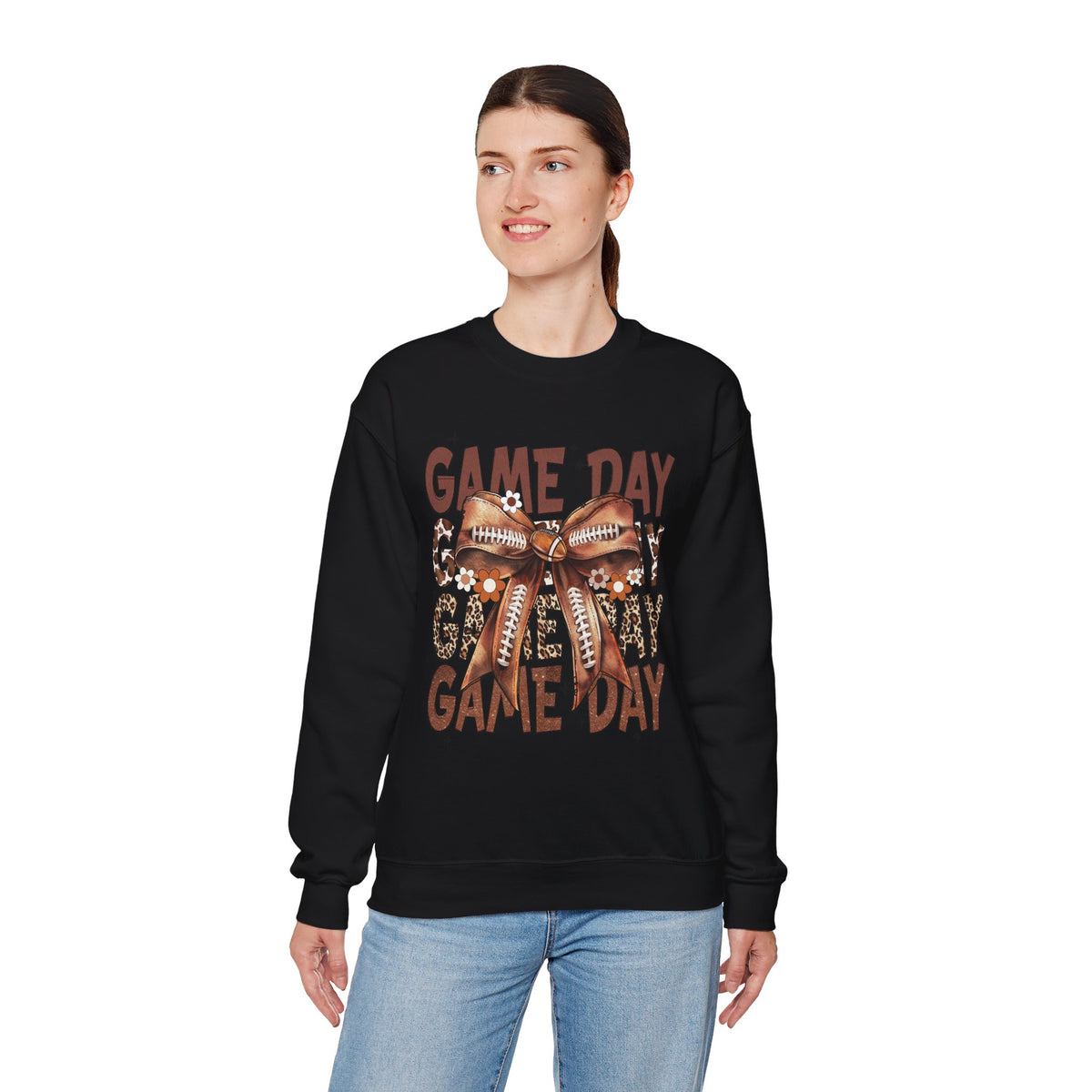 Game Day - Football Bow – Gildan Heavy Blend | Trendy Women’s Soft Sweatshirt. Direct to Garment. Printed & Shipped in the USA. Unisex Sizes.