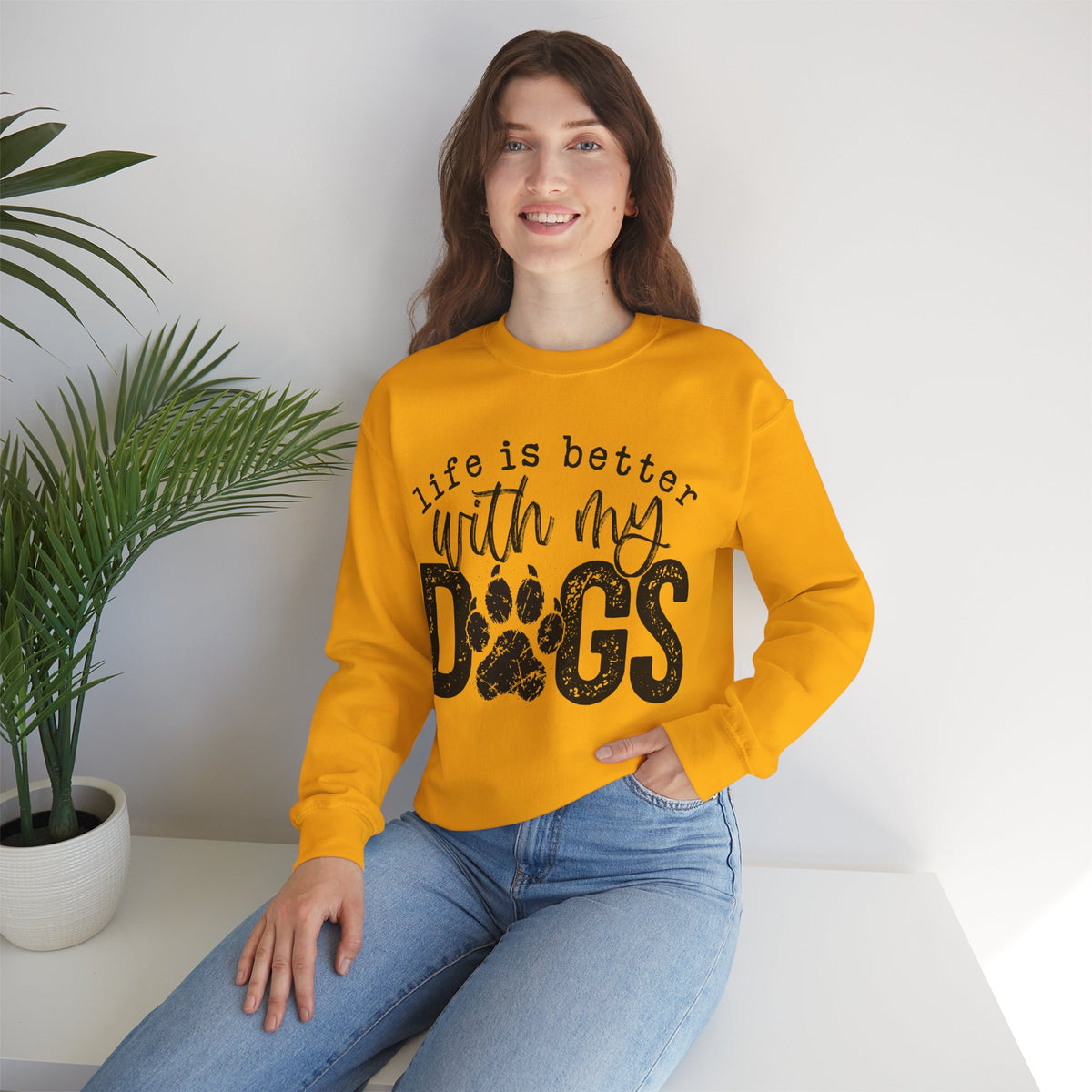Life Is Better With My Dogs, Distressed – Gildan Heavy Blend | Trendy Women’s and Men's Soft Sweatshirt. Direct to Garment. Printed & Shipped in the USA. Unisex Sizes.