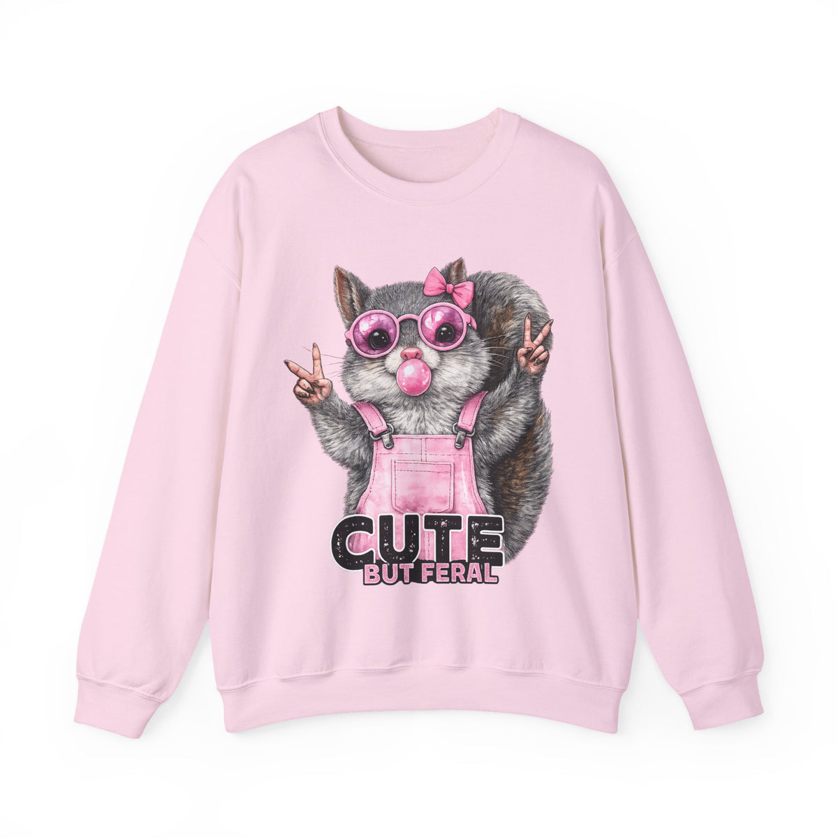 Cute But Feral, Squirrel in Pink Bibs – Gildan Heavy Blend | Trendy Women’s Soft Sweatshirt. Direct to Garment. Printed & Shipped in the USA. Unisex Sizes.