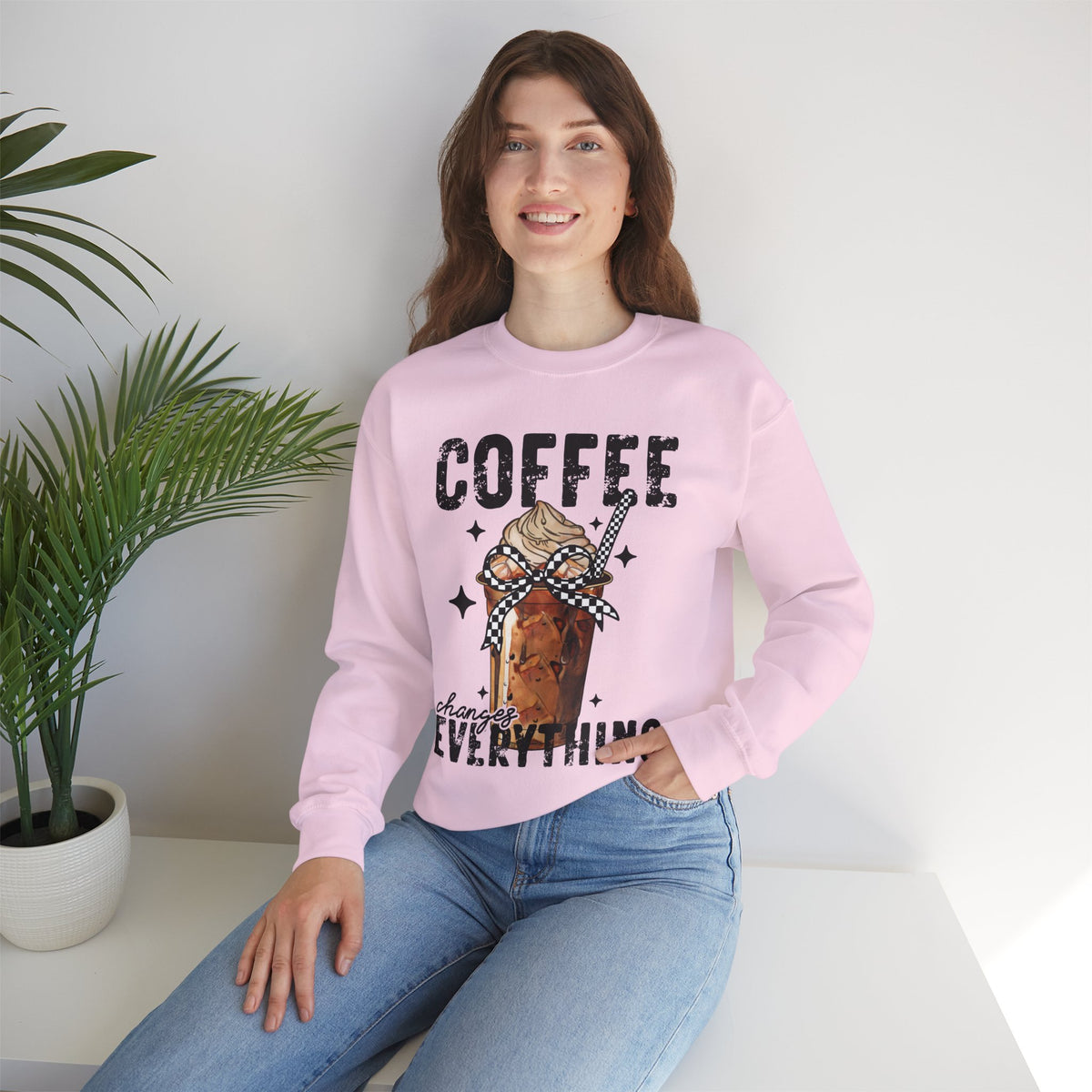 Coffee Changes Everything, Iced Coffee, Coffee Lovers – Gildan Heavy Blend | Trendy Women’s Soft Sweatshirt. Direct to Garment. Printed & Shipped in the USA. Unisex Sizes.