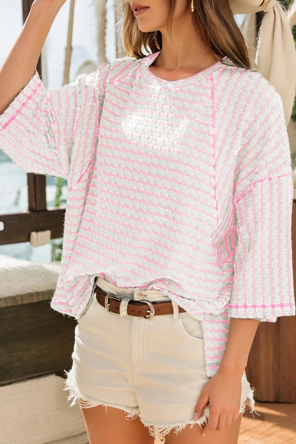 Pink Striped Half Sleeve, Classy Fit Knit Top