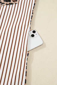 Brown & White Striped and Leopard Print Shirt Dress with Pockets