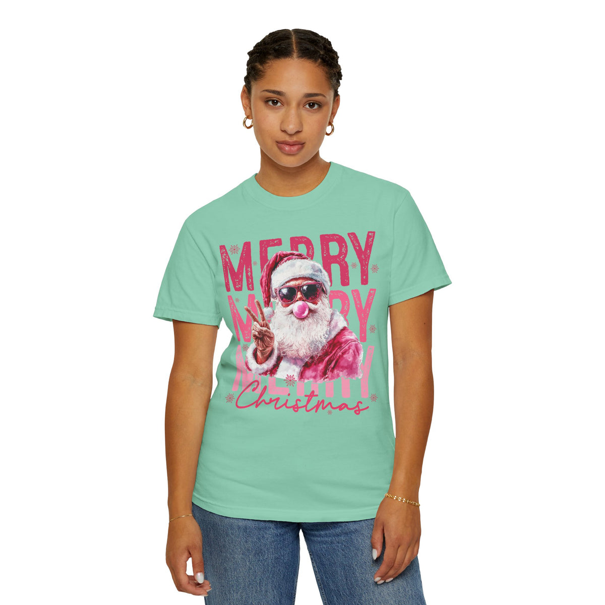 Pink Merry Christmas Bubblegum Santa - Comfort Colors | Trendy Women's T-Shirt. Direct to Garment. Printed & Shipped in the USA. Unisex Sizes.