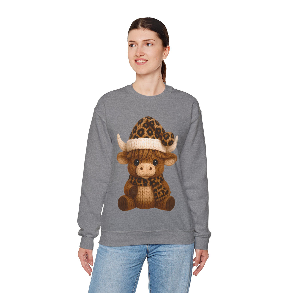Cute Highland Cow with Leopard Santa Hat Christmas – Gildan Heavy Blend | Trendy Women’s Soft Sweatshirt. Direct to Garment. Printed & Shipped in the USA. Unisex Sizes.