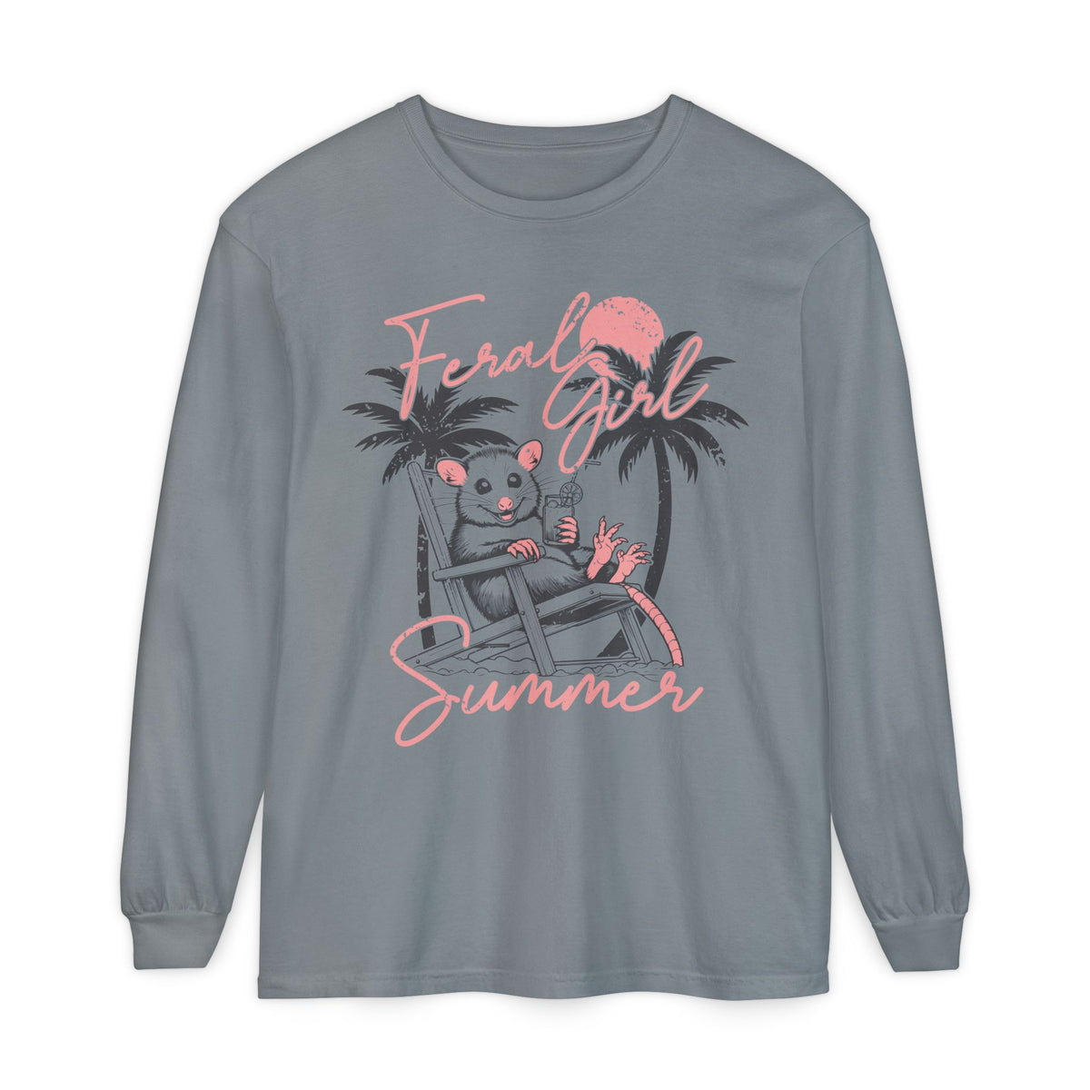Feral Girl Summer, Possum on a Beach - Comfort Colors | Trendy Women's Long Sleeve T-Shirt. Direct to Garment. Printed & Shipped in the USA. Unisex Sizes.