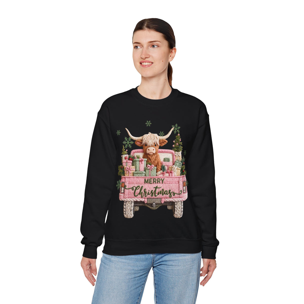 Highland Cow in Pink Truck Merry Christmas Holiday Farmhouse – Gildan Heavy Blend | Trendy Women’s Soft Sweatshirt. Direct to Garment. Printed & Shipped in the USA. Unisex Sizes.