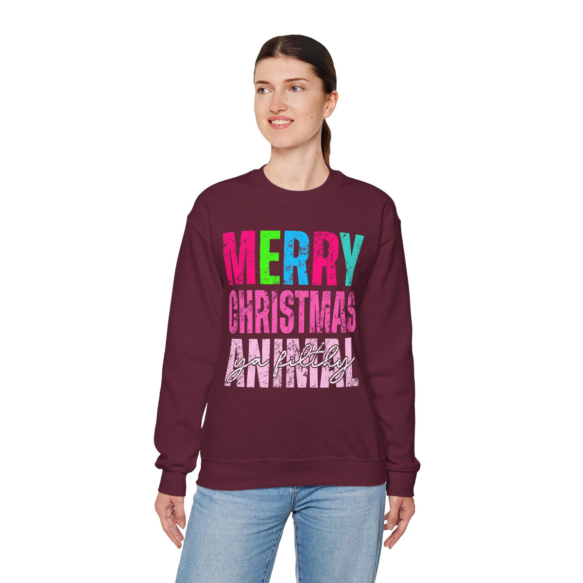 Merry Christmas Ya Filthy Animal – Gildan Heavy Blend | Trendy Women’s Soft Sweatshirt. Direct to Garment. Printed & Shipped in the USA. Unisex Sizes.