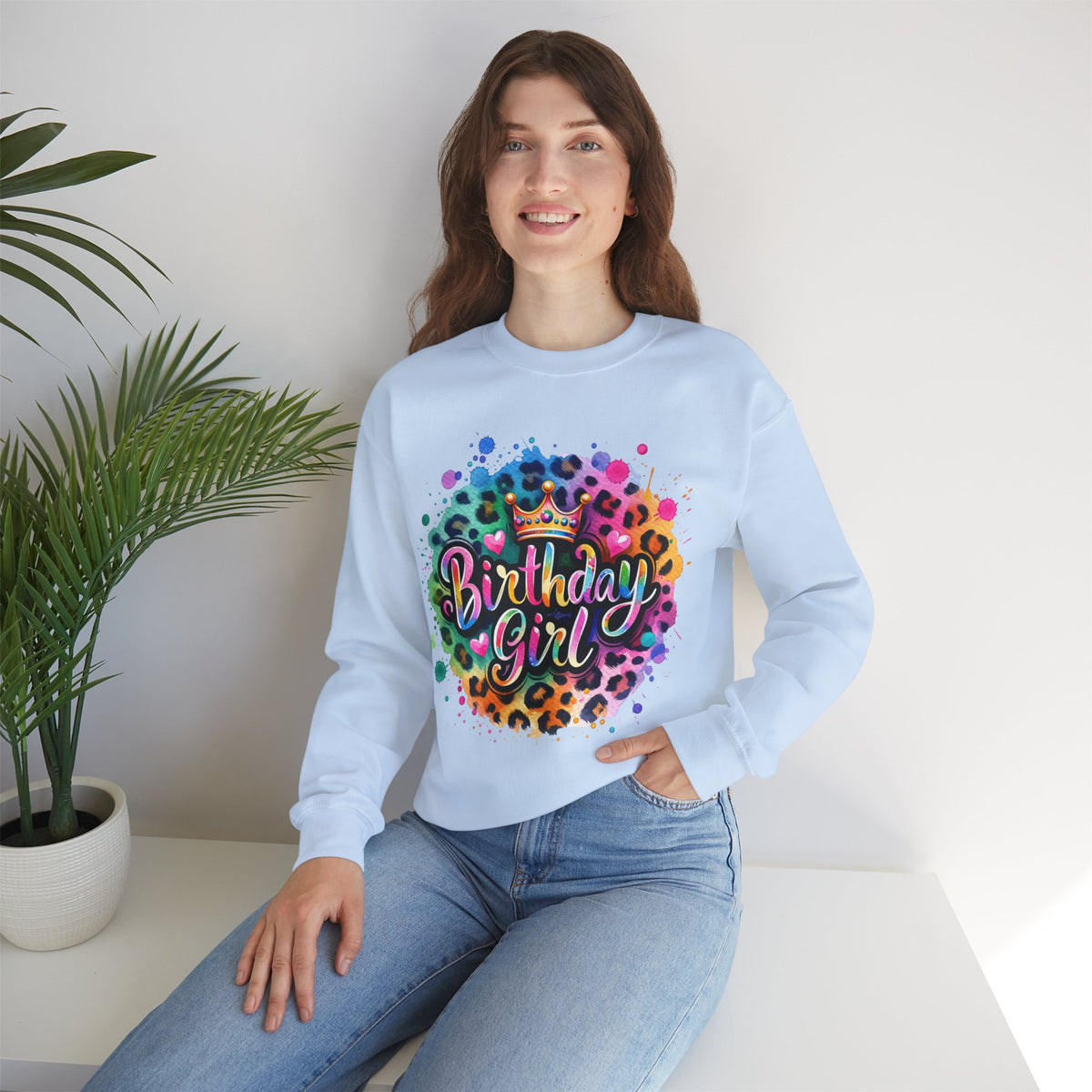 Birthday Girl, Neon Leopard – Gildan Heavy Blend | Trendy Women’s Soft Sweatshirt. Direct to Garment. Printed & Shipped in the USA. Unisex Sizes.