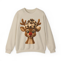 Rudolph Reindeer Leopard Santa Hat Christmas – Gildan Heavy Blend | Trendy Women’s Soft Sweatshirt. Direct to Garment. Printed & Shipped in the USA. Unisex Sizes.
