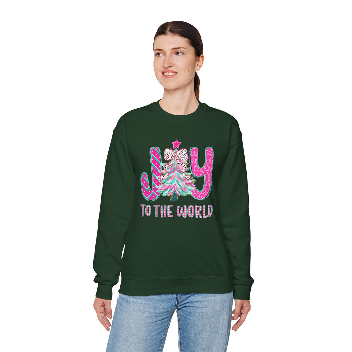 Joy to the World w/Christmas Tree Pink and Teal – Gildan Heavy Blend | Trendy Women’s Soft Sweatshirt. Direct to Garment. Printed & Shipped in the USA. Unisex Sizes.