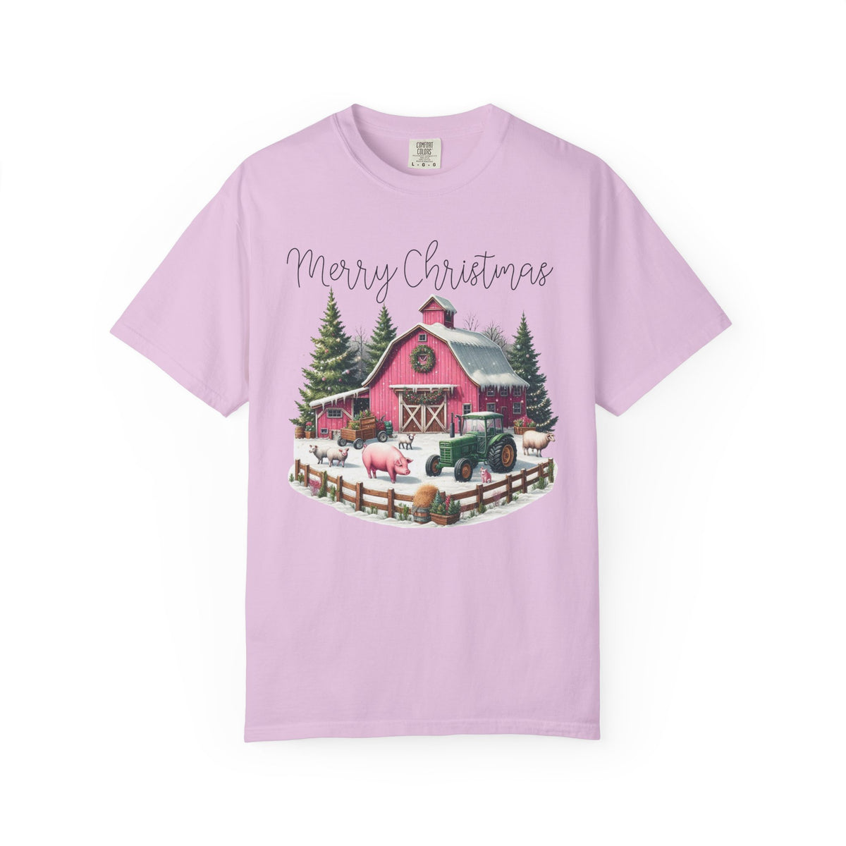 Merry Christmas Pink Barn Farm Animals - Comfort Colors | Trendy Women's T-Shirt. Direct to Garment. Printed & Shipped in the USA. Unisex Sizes.