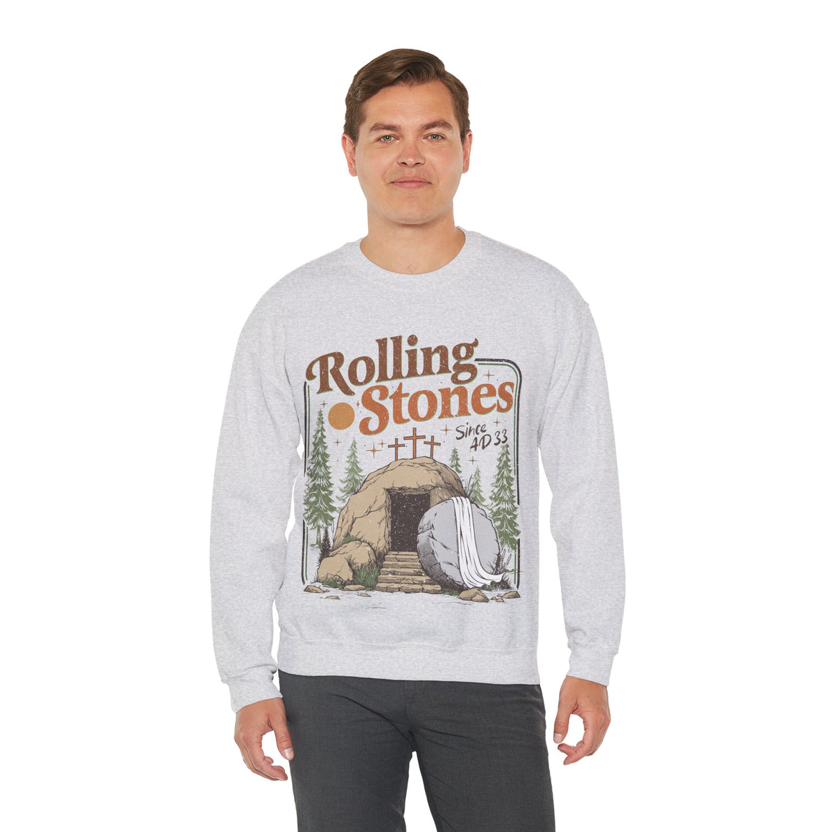 Rolling Stones "Since AD33" Easter Empty Tomb Christian – Gildan Heavy Blend | Trendy Men's and Women’s Soft Sweatshirt. Direct to Garment. Printed & Shipped in the USA. Unisex Sizes.