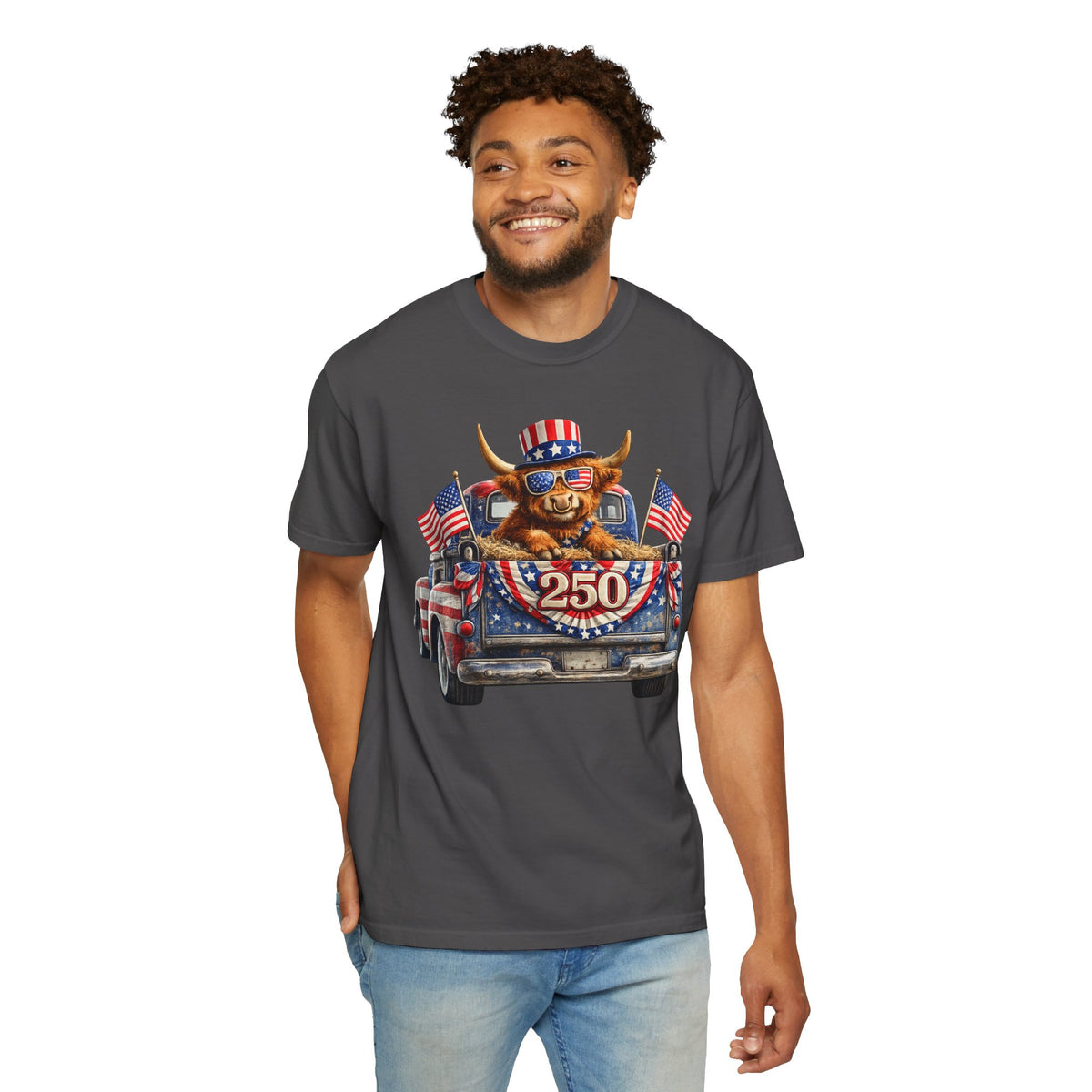 Patriotic Highland, America's 250th Birthday - Comfort Colors | Trendy Women's and Men's T-Shirt. Direct to Garment. Printed & Shipped in the USA. Unisex Sizes.