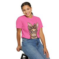 Bunny with Leopard Bow and Glasses - Comfort Colors | Trendy Women's T-Shirt. Direct to Garment. Printed & Shipped in the USA. Unisex Sizes.