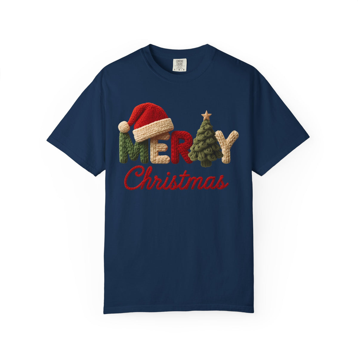Merry Christmas Faux Yarn w/Santa Hat & Tree - Comfort Colors | Trendy Women's T-Shirt. Direct to Garment. Printed & Shipped in the USA. Unisex Sizes.