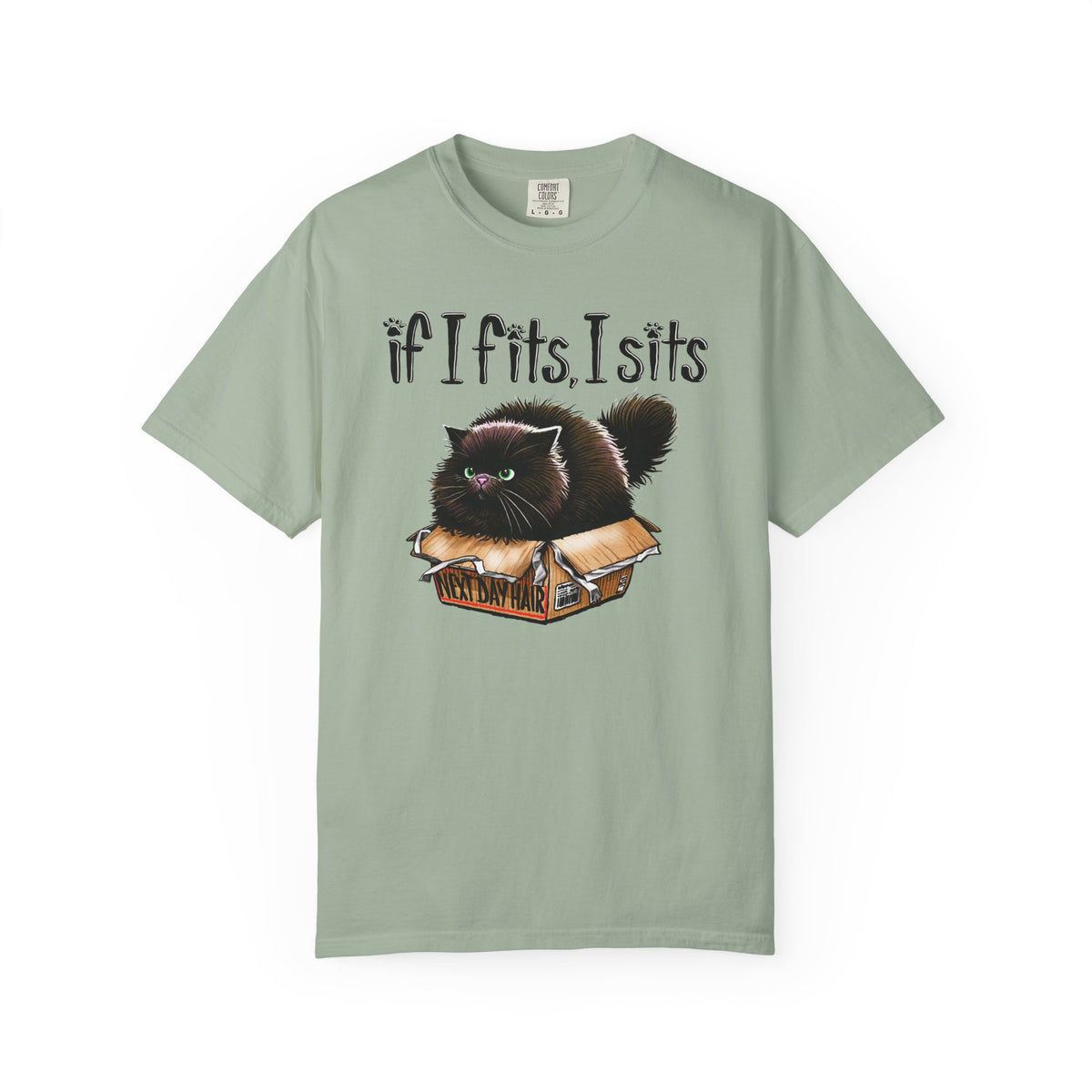 If I Fits I Sits, Cat in a Box - Comfort Colors | Trendy Women's and Men's T-Shirt. Direct to Garment. Printed & Shipped in the USA. Unisex Sizes.